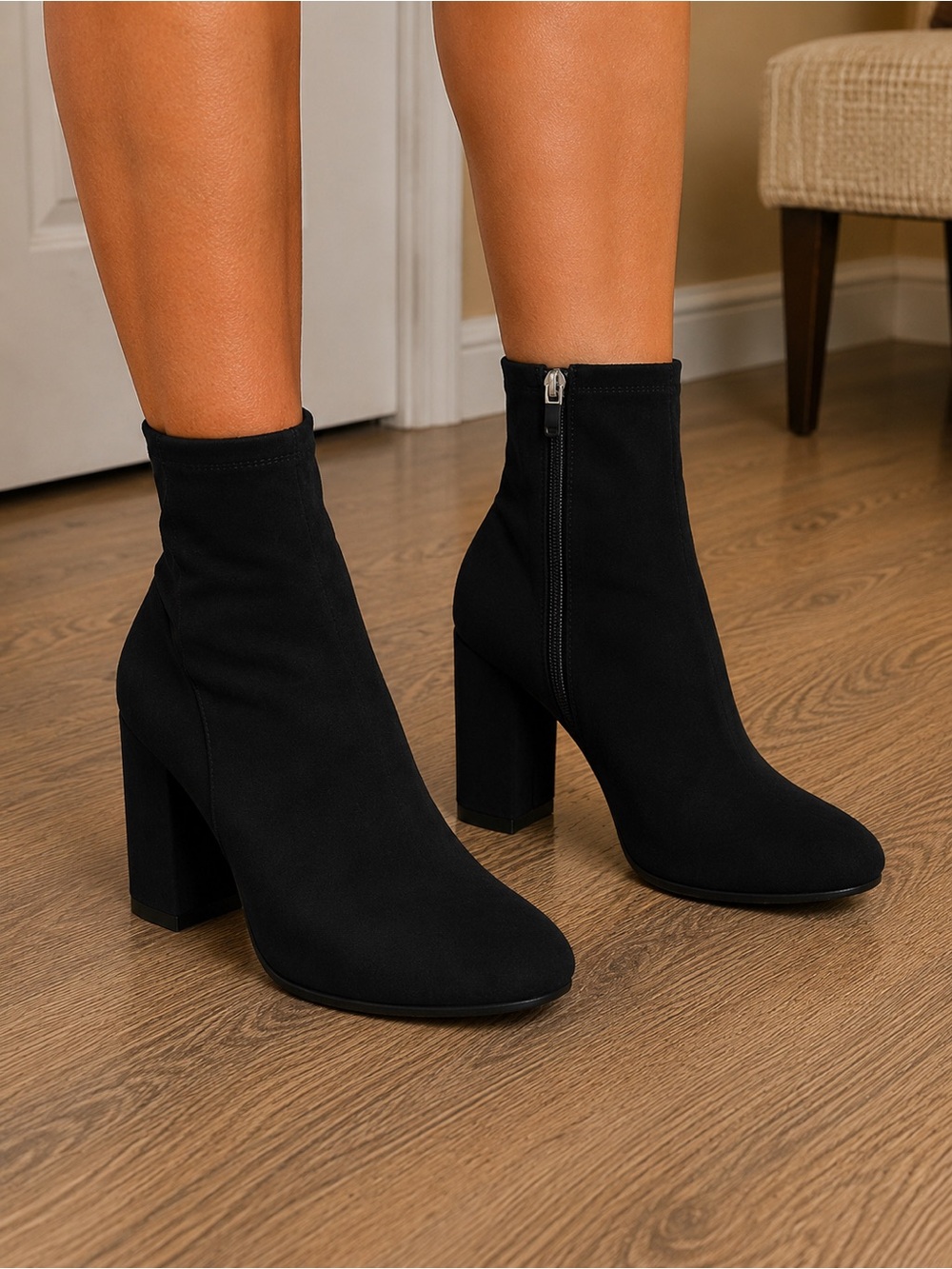 Steve Madden Black Stretch Sock Ankle Boots with Block Heel